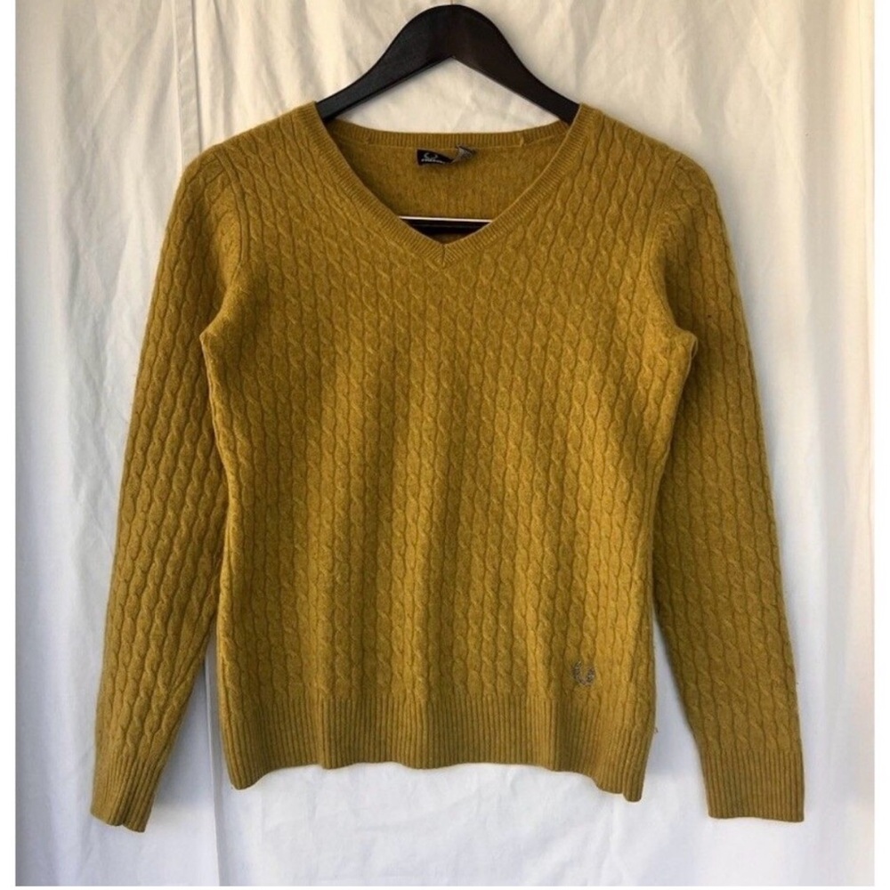 Fred Perry Mustard Yellow 100% Cashmere Sweater Women’s Size 8 Cable Knit Preppy